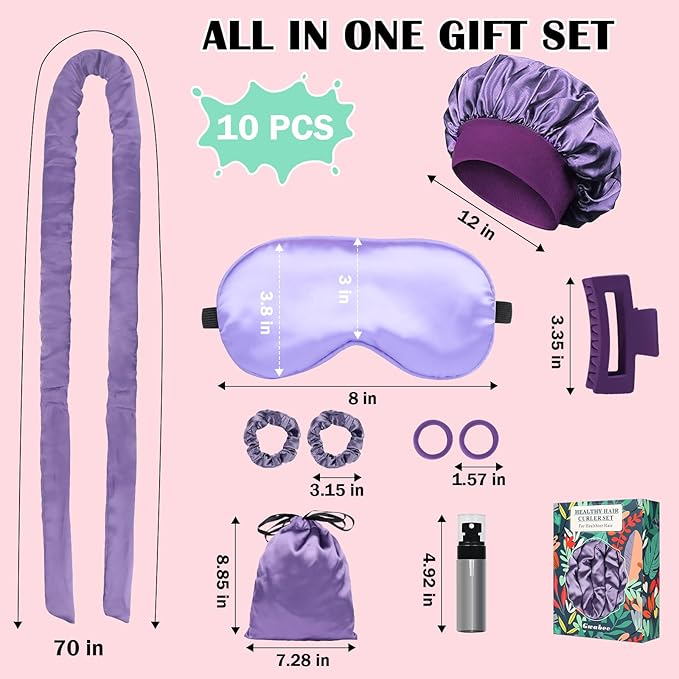 Satin Heatless Curls Overnight Hair Curlers to Sleep In Hair Curler Rollers No Heat Hair Wrap for Curls Headband, 70" Satin Heatless Curling Set for Women Long Waves Hair Volume -Purple 10 PCS
