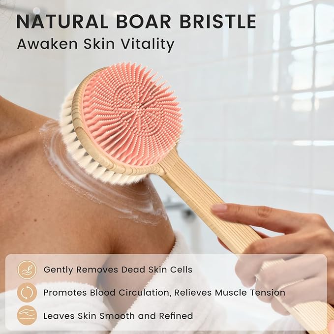 Back Scrubber for Shower - Double-Sided Silicone and Super-Dense Bristles for Deep Cleaning & Exfoliation, Bamboo Long Handle with Wider Anti-Slip Grip, Body Exfoliator for Wet or Dry Brushing
