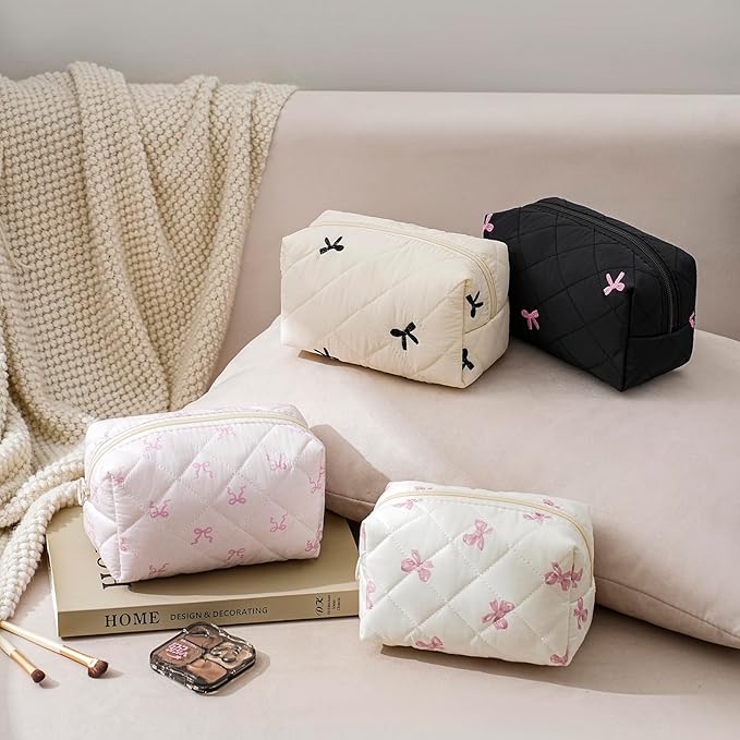 2 Pcs Quilted Cotton Makeup Bag Set, Small Aesthetic Cosmetic Bag with Bow Pattern, Cute Makeup Pouch for Purse, Kawaii Trendy Preppy Travel Toiletry Bag for Women and Girls(19 Pink Bow Set)