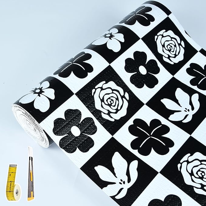 Drawer and Shelf Liner for Kitchen Cabinet,Non Adhesive Anti-Slip Double Layer PVC Waterproof Easy Clean for Dresser Bathroom Refrigerator with Knife Tape Measure(12 in X 10 Ft Black & White Flowers)