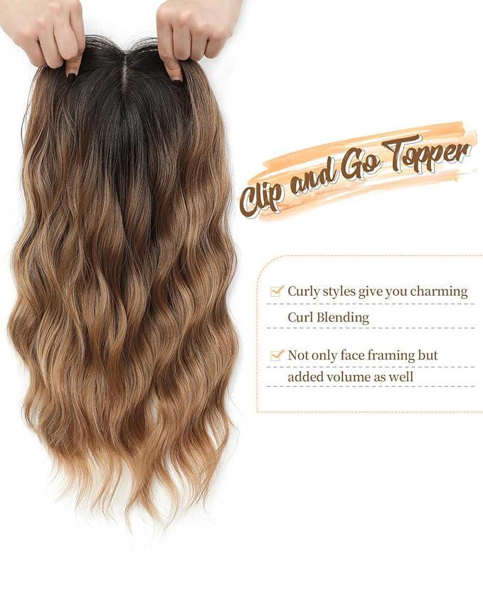 PANEWAY Hair Toppers for Women 16 Inch Synthetic Wavy Clip in Topper Wiglet, Natural Dark Brown Root to Caramel Blonde Ombre with Highlights, Add Volume & Coverage