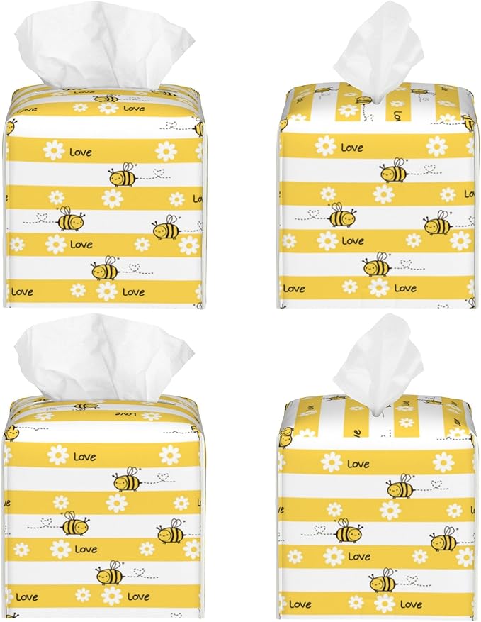 Cute Bees and Daisy Flowers Tissue Box Cover Square,Yellow Bee Daisies Love Tissue Box Holder Waterproof Leather Facial Paper Organizer Dispenser for Bathroom Home Car Nightstand Vanity Desk