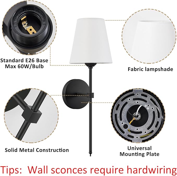 Wall Sconces Sets of 2, Retro Industrial Wall Lamps, Bathroom Vanity Sconces Wall Lighting with White Fabric Shade, Suitable for Bedroom Living Room Corridor Kitchen