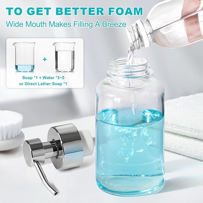 Foaming Soap Dispenser, 14.1 oz/400ml Foaming Hand Soap Dispenser, 2 Pack Glass Foaming Dispenser for Bathroom & Kitchen, Clear Refillable Liquid Dispenser Bottle with Waterproof Labels