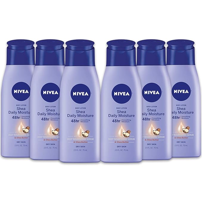 NIVEA Shea Nourish Body Lotion for Dry Skin with Hyaluronic Acid, Shea Butter and Deep Nourishing Serum, 48-Hour Body Moisturizer, 2.5 Fl Oz Bottle, Pack of 6