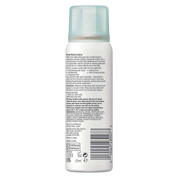 Curel Japanese Skin Care Deep Moisture Travel Size Spray, Moisturizer for Dry Skin, Face Hydrating Spray with Ceramides, 2 Oz