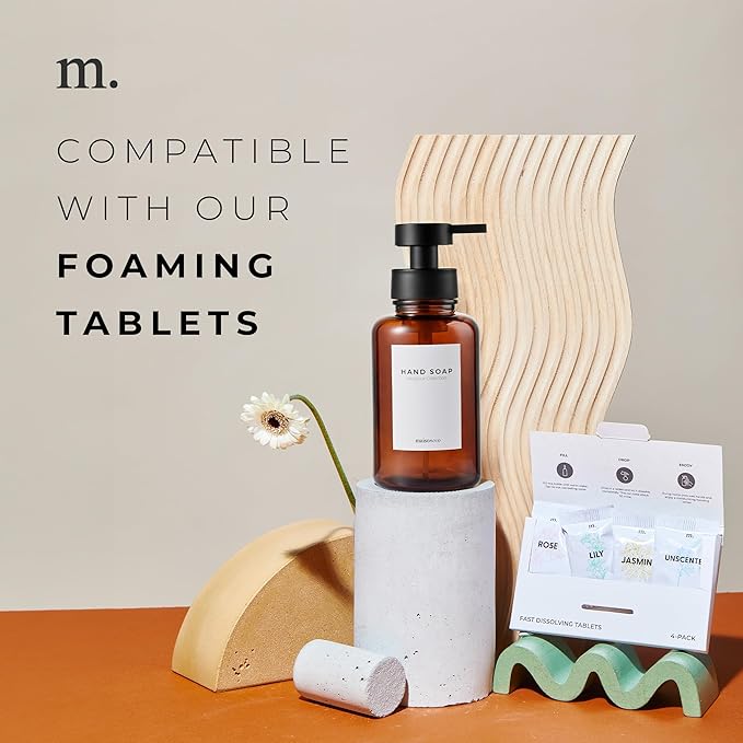 MaisoNovo Glass Foaming Soap Dispenser 14 Oz | Amber Glass Black Pumps x 2 with Tray