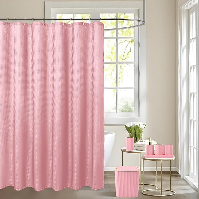 Bathroom Set with Shower Curtain and Rugs- 25PC Bathroom Accessory Set, Pink Bathroom Set, Toilet Brush, Trash Can, Qtip Holder & Soap Dispenser