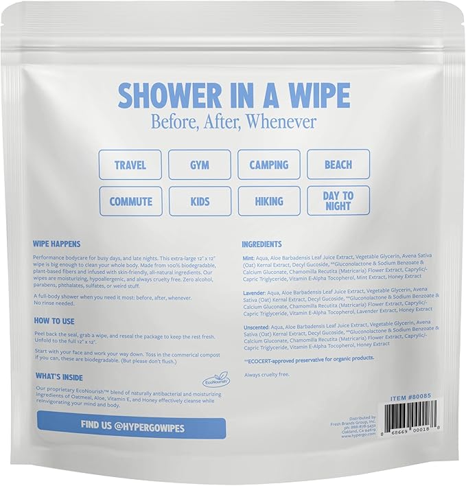 HyperGo XL Single Body Wipes for Women & Men – 12" x12" Rinse-Free Full Body Cleansing 30 Count Pack - Mint | Biodegradable, Hypoallergenic, Aloe-Infused | Gym, Festival, Camping Essentials