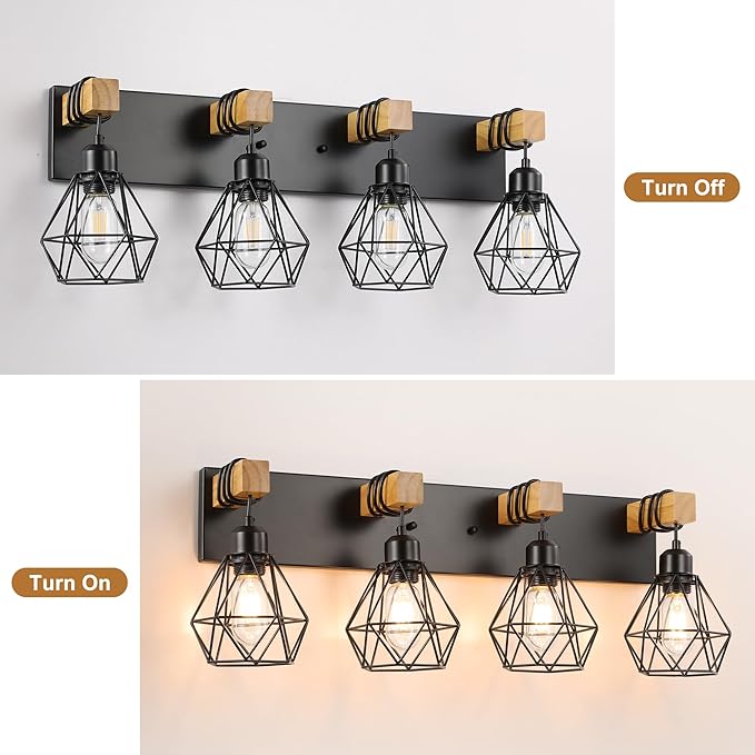 4-Light Farmhouse Bathroom Vanity Light Fixtures, Wood Bathroom Light Fixtures Over Mirror, Rustic Sconces Wall Lighting with Elegant Metal Lampshade for Living Room, Bedroom, Hallway