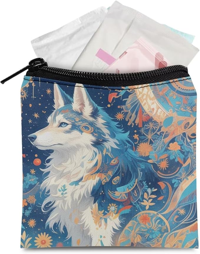 Artsy Wolf Print Period Bags Convenient Sanitary Napkin Storage Bag for Women Portable Tampon Holder for Purse Gym Daily Carry