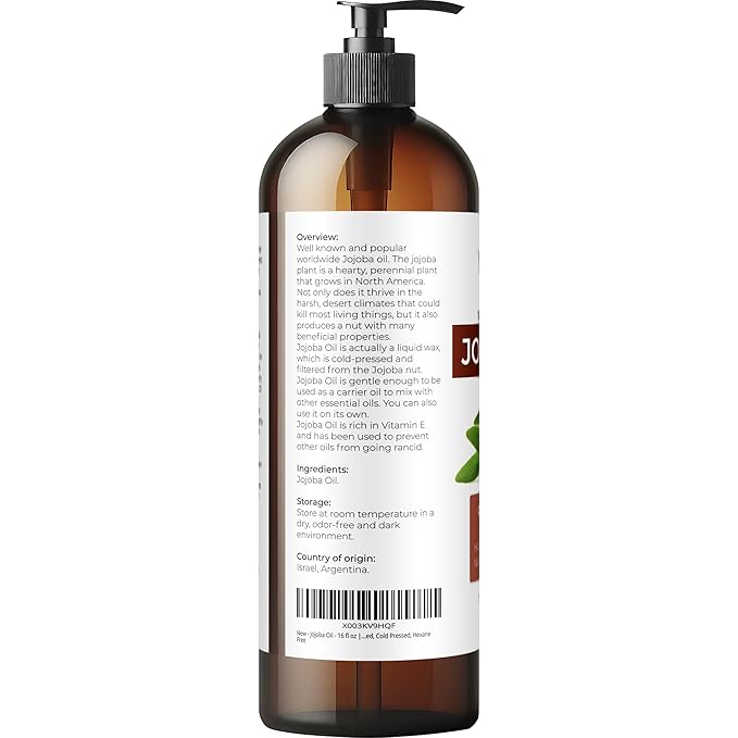 Jojoba Oil - 16 fl oz (with Pump) | 100% Pure and Natural | Golden, Unrefined, Cold Pressed, Hexane Free | Moisturizing Face, Hair, Body, Skin Care