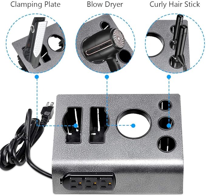 BYOOTIQUE 6-Hole Tabletop Blow Dryer & Hair Iron Holder Salon Appliance Stand with 3 Outlets Hair Tool Organizer Hot Tools Organizer for Stylist Straightener Bathroom Supplies