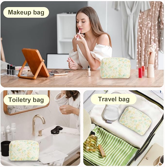 Quilted Makeup Bag Floral Cotton Make up Bag Puffy Coquette Makeup pouch Aesthetic Cute Travel Toiletry Bag for Women Girls