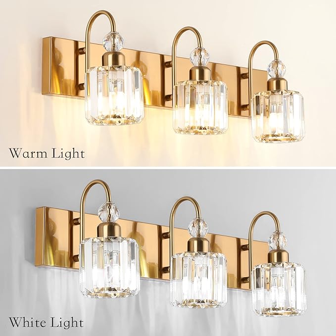 Ralbay Brass Gold Bathroom Vanity Lights 3-Lights Brass Gold Crystal Vanity Lights Over Mirror Modern Crystal Brass Gold Bathroom Vanity Lighting Fixtures