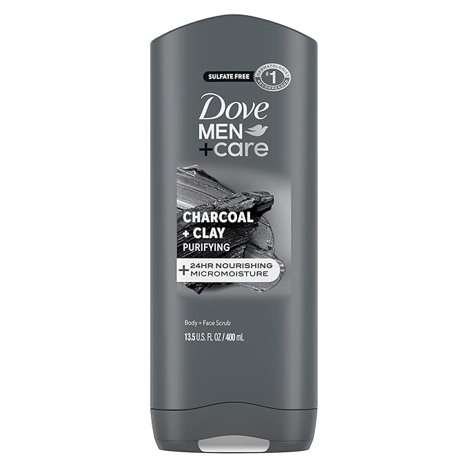 DOVE MEN + CARE Purifying Charcoal + Clay Body and Face Wash with 24-Hour Nourishing Micromoisture Technology Body Wash for Men, 13.5 oz (Pack of 6)
