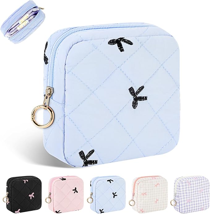 Period Bag for Teen Girls, Quilted Sanitary Napkin Storage Bag, Cute Bow Tie Menstrual Pad Pouch Tampon Holder (Blue)