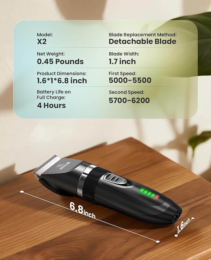 oneisall Quiet Cat Clippers for Matted & Long Hair, 2-Speed Cordless Pet Shaver Grooming Kit for Cats, Small Dogs & Animals (Black)