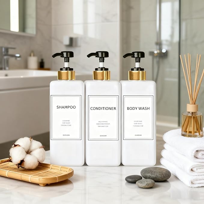 Modern Gold Shampoo and Conditioner Dispenser (21 oz, Pack of 3) Refillable Pump Bottle Set Empty Shower Plastic Bottles with Pump for Bathroom Body Wash Soap and Shower, 3 Types Waterproof Labels