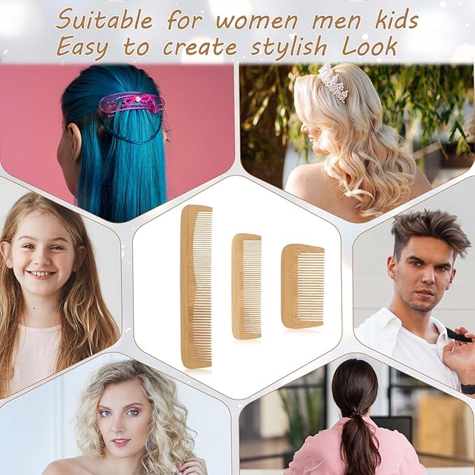 3 Pcs Wooden Comb, Fine Tooth Combs for Women, Anti-Static Wood Combs for Men, Natural Bamboo Comb, Family of Hair Comb Set for Straight Hair, Curly Hair, Beard