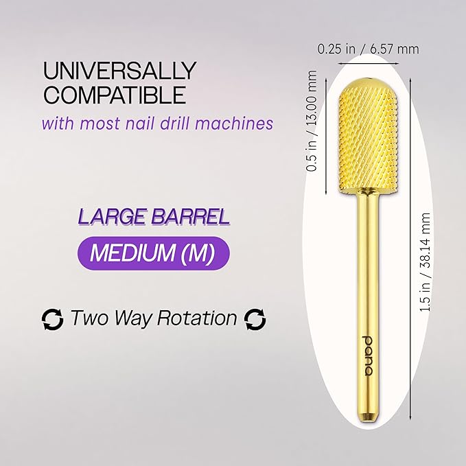 PANA 3/32" Large Smooth Round Top Safety Carbide Nail Drill Bit for Gel Polish & Acrylic Removal Nail Salon Manicure Pedicure Electric File Tools (Large Barrel - Gold, Medium)