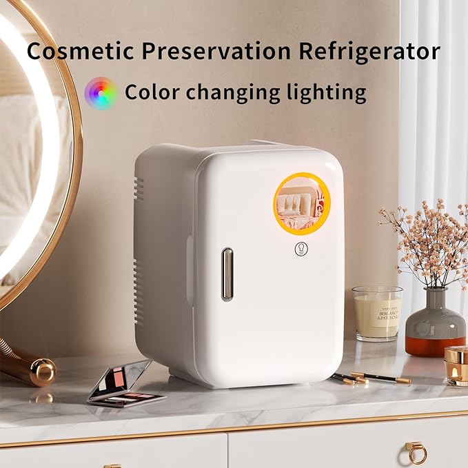 Compact Intelligent Cosmetic Mini Fridge(4L) - Skincare/Makeup/Drinks Cooler/Warmer with LED Makeup Mirror, Color Lights, Low Noise (30dB), AC/DC for Home/Dorm/Car