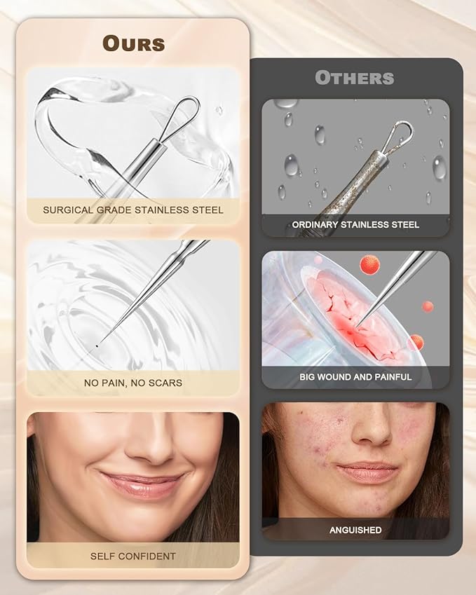 SGNEKOO Professional Facial Milia Remover Tools and Whitehead Extractor,Titanium Alloy Double Ended Needle and Steel Tweezers Kit,Blackhead,Blemish,Zit and Pimple Acne Removal Popper (Stainless Pink)