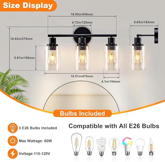 DLLT 3-Light Bathroom Light Fixtures: Black Modern Vanity Lights with 3 E26 Bulbs - Clear Glass Shade Bathroom Wall Lamp for Mirror Kitchen Living Room - 2 Packs