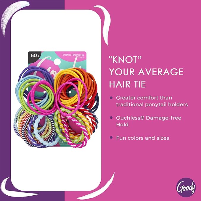 Goody Kids Ouchless Hair Elastics – No Pull, No Breakage, Tangle-Free Hold for Fine Hair – 60 Count, Assorted Colors, Long-Lasting Ponytail Holders for Girls & Boys