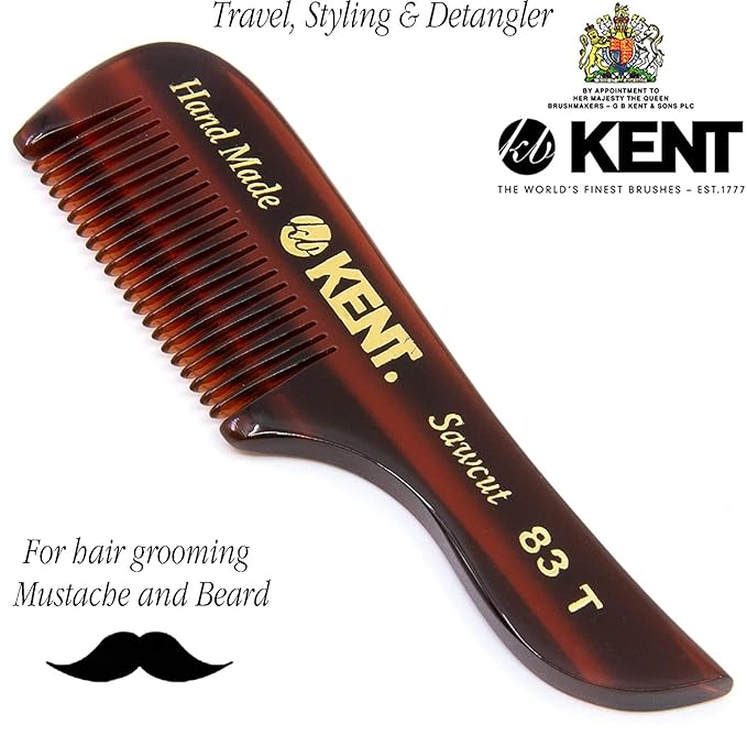Kent 83T Small Gentleman's Beard and Mustache Pocket Comb, Fine Toothed Travel Size for Facial Hair Grooming and Styling. Saw-cut of Quality Cellulose Acetate, Hand Polished. Hand-Made in England