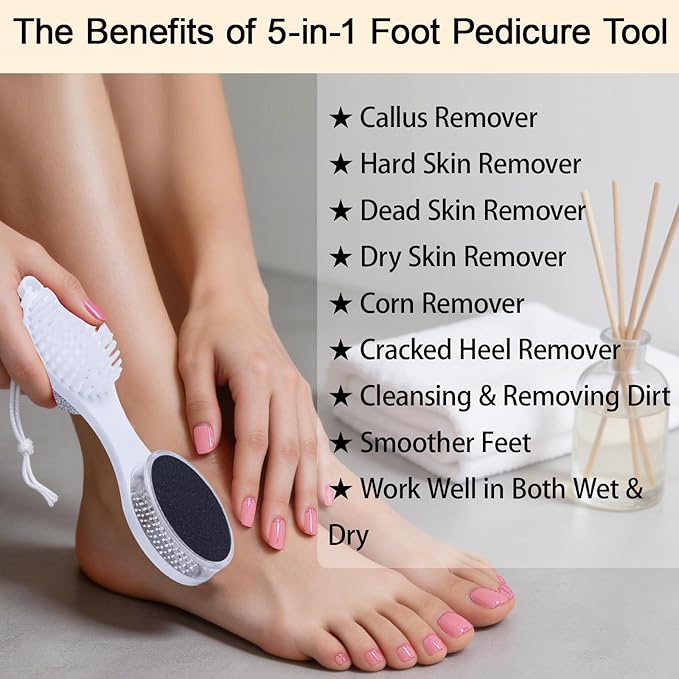 Foot Scrubber Brush with Pumice Stone for Feet 5-in-1, 2Pcs Foot File Callus Remover, Stainless Steel Feet Scraper, Cleaning Brush & Sand Paper Debris Catcher, Multi Purpose for Home Foot Care, White