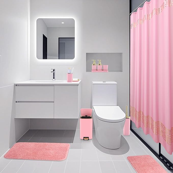 Bathroom Sets with Shower Curtain and Rugs Bathroom Accessories Set Pink Bathroom Set,Shower Curtain Set with Stainless Steel Trash Can
