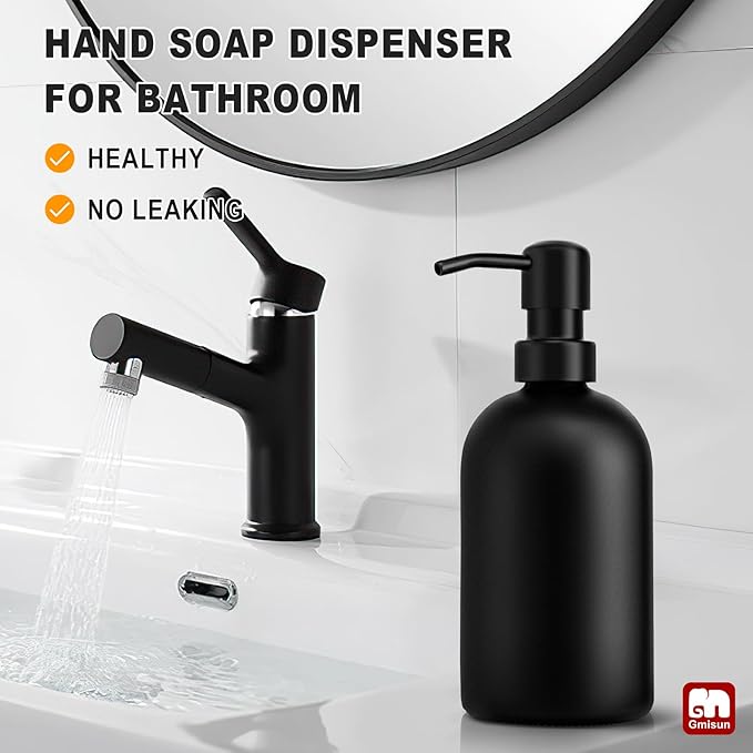 GMISUN Black Soap Dispenser, Dish/Hand Soap Dispenser with Matte Black Stainless Steel Pump, 15 fl oz/450ml Glass Soap Dispensers Set for Kitchen/Bathroom, Modern Refillable Liquid Lotion Dispenser