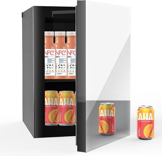 24 Can Freestanding Beverage Refrigerator, 0.9 Cu. Ft Mini Fridge with Mirror Front Door and Countertop Skincare Fridge, Small Refrigerator with Adjustable Shelves for Soda, Beer or Wine