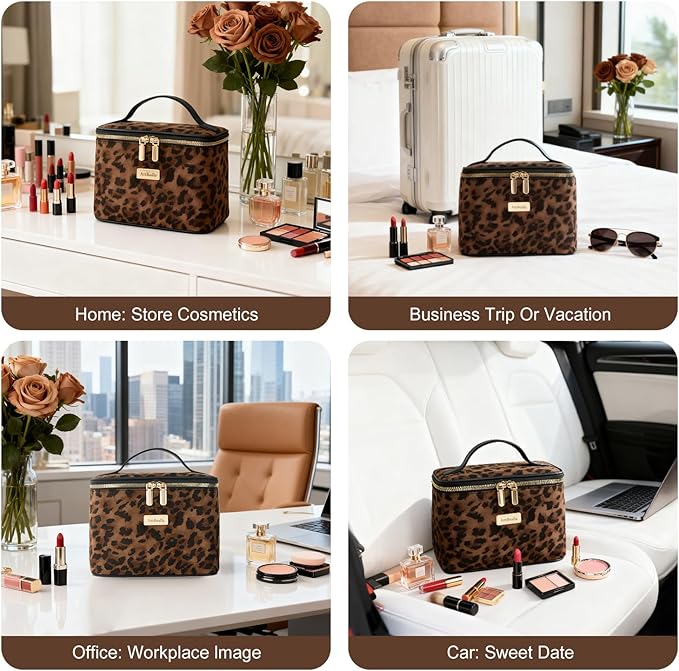 AmBealla Large Makeup Travel Bag Cosmetic Bags with Makeup Mirror and Brush Holder,Makeup Organizer Leopard Print for Women,Portable Toiletry Bag for Fashion Girls