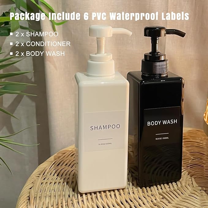 Shampoo and Conditioner Dispenser, Refillable Plastic Shampoo Pump Bottles with Waterproof Labels, Empty Body Wash Dispenser Set for Bathroom, Shower Soap Bottles (White, Set of 3, 16.9oz)
