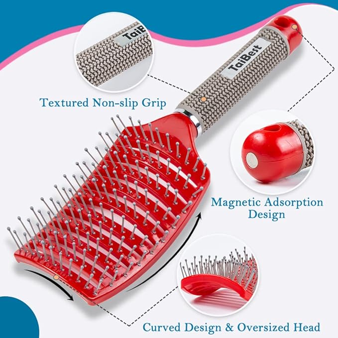 Boar Bristle Hair Brush Set - Dry/Wet Hair Brush Detangler for Fine, Thick, Curly Hair - Curved and Vented Hair Brush for Women, Men or Kids