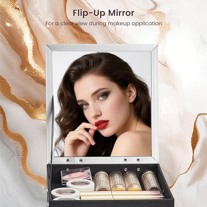Costravio Makeup Case Train Case Portable Makeup Box with Mirror Lock Box Travel Cosmetic Train Cases Hard Make Up Organizer for Girls Nail Craft Storage Vanity Rose Gold Flower