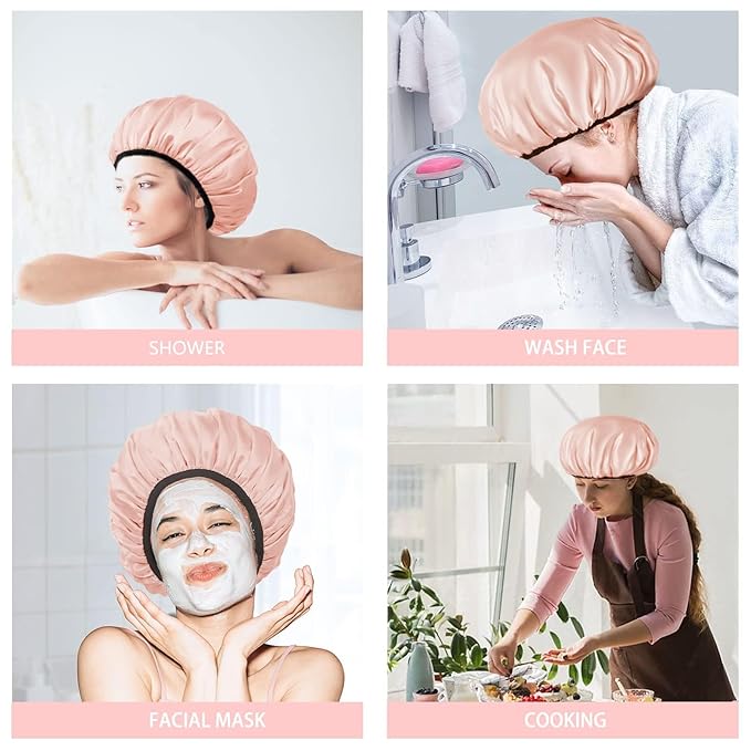 Aquior Shower Cap,Shower Cap for Women Reusable, Triple Layer Waterproof Bath Cap,Silky Satin Outer Layer Terry Lining, Extra Large for Women Long Hair(Champagne)
