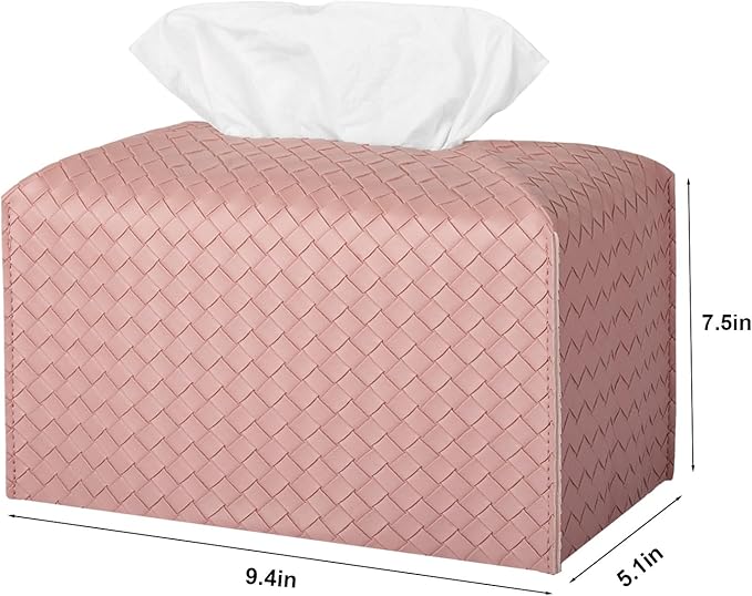 Tissue Box Cover PU Leather Tissue Holder Square Facial Tissue Case Facial Paper Organizer Dispenser for Bathroom, Vanity Countertop, Tabletop, Car, Rectangle, Pink