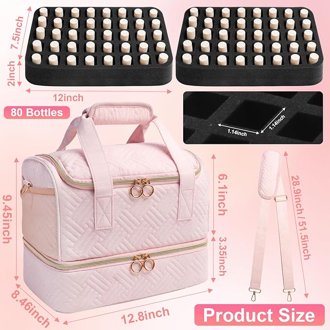 Nail Polish Organizer Bag Holds 80 Bottles (15ml/0.5fl.oz)& Nail Lamp, Soft Velvet Nail Kit Storage Carrying Case with Shoulder Strap, Double Layer Nail Supplies Organizer Handbag Women (Pink)