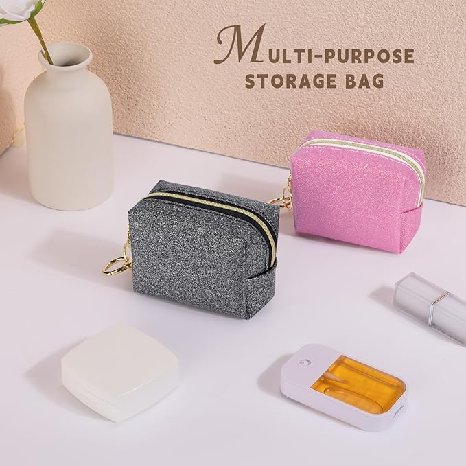 Mini Makeup Bag, Small Glitter Cosmetic Bag for Purse with Ring Buckle, Portable XS Travel Makeup Pouch for Girls Women Daily Use (Pink)