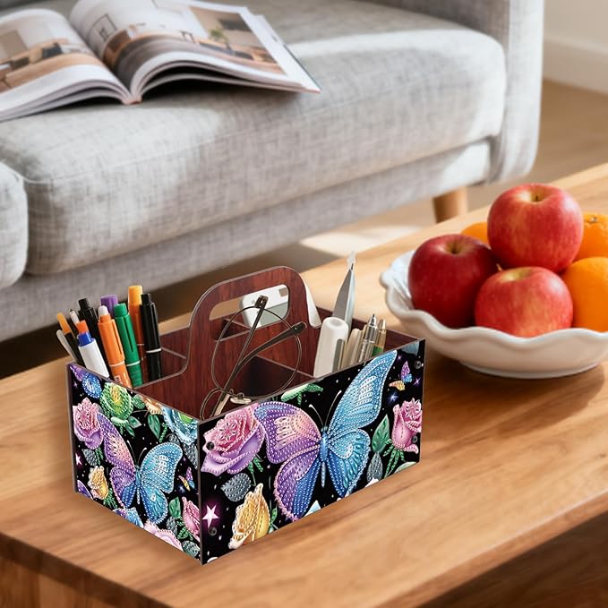 DIY Flower Diamond Art Wooden Multi-Compartment Organiser Box with Handle Diamond Painting Cosmetic Storage Box for Adult Portable Wooden Storage Case for Storing Desktop Items