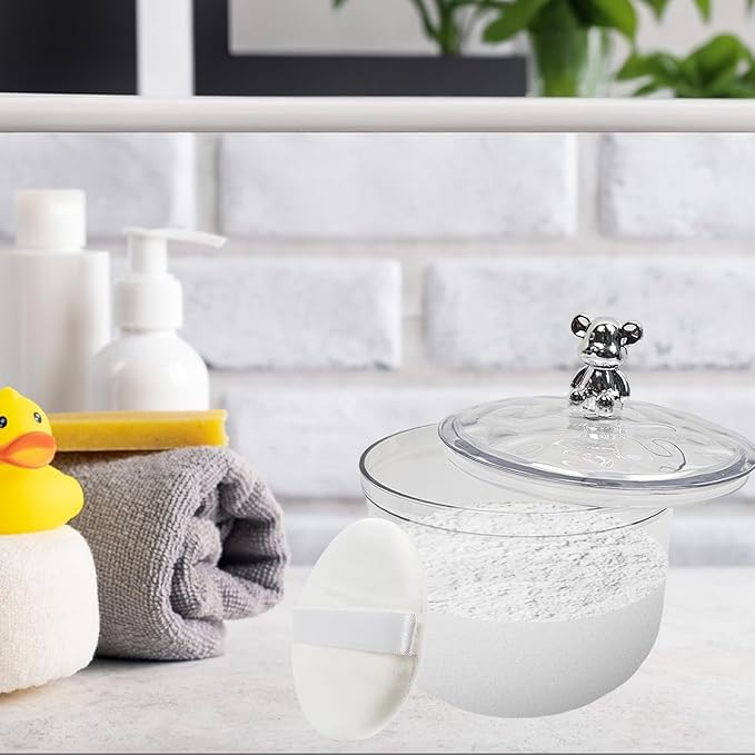 3 Pcs Body Face Plastic Powder Puff and Container Dish with 3.15 inch Fluffy Soft Large Powder Puff for Women(Bear Shape)