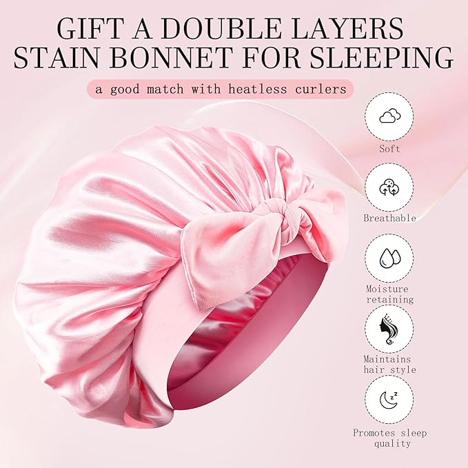 No Heat Overnight Curls with Double Layer Satin Bonnet - Soft Hair Curlers to Sleep In, heatless Curling Rods Set + Silk Bonnet for Women & Girls Long Hair, Heatless Waves & Volume (Pink)