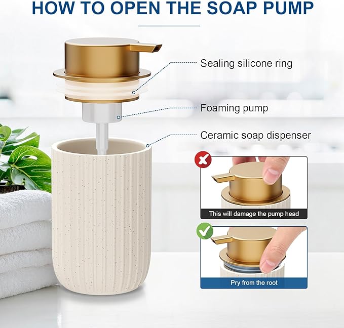 Ceramic Foaming Soap Dispenser, 12 oz Bathroom Foam Hand Soap Dispenser, Refillable Lotion Soap Dispenser with Removable Pump for Kitchen Hand Wash Dispenser, Modern Home Decor (Speckled Beige)