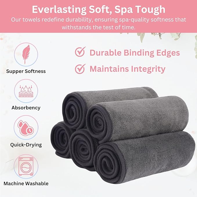 Efforest Facial Towels for Estheticians – Microfiber Soft Spa Towel for Skincare, Massage & Professional Use (Grey, Pack of 5)
