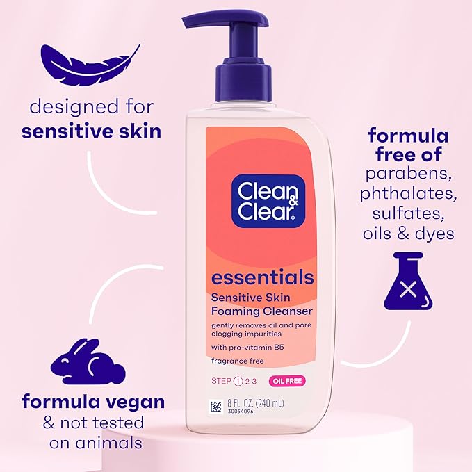 Clean & Clear Essentials Oil-Free Foaming Facial Cleanser, Daily Foaming Face Wash with Pro-Vitamin B5 for Sensitive Skin, Gently Removes Oil & Pore-Clogging Impurities, Fragrance-Free, 8 fl oz