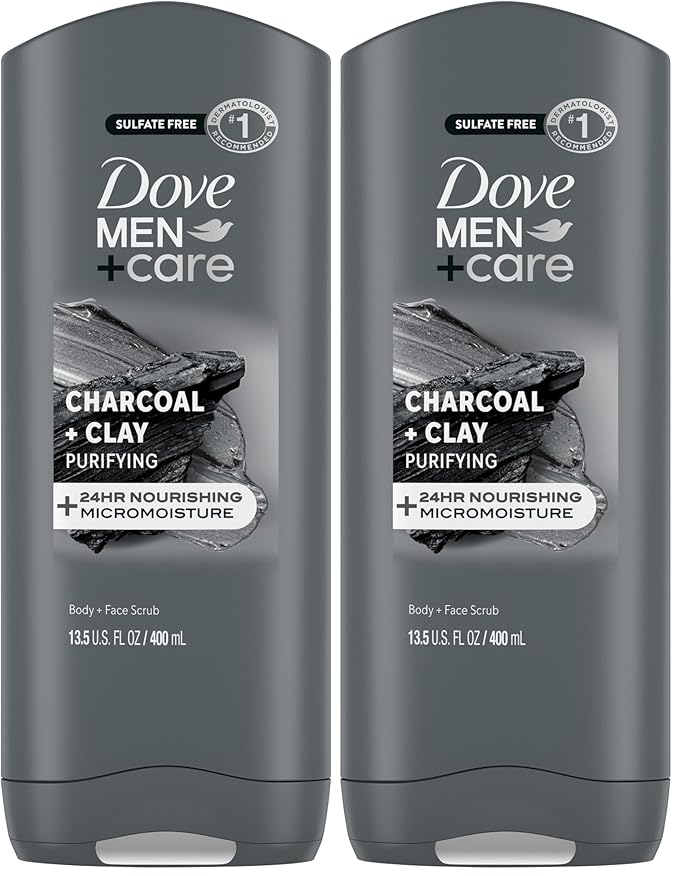 DOVE MEN + CARE Purifying Charcoal + Clay Body and Face Wash with 24-Hour Nourishing Micromoisture Technology Body Wash for Men, 13.5 oz (Pack of 2)