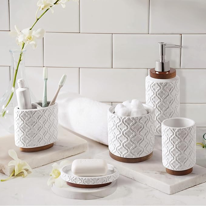 Elegant Bathroom Accessories Set 5 PCS Ceramic and Wood Bathroom Accessory Set Soap Dispenser Toothbrush Holder Tumbler Soap Dish Cotton Swab Jar Easy to Clean Quatrefoil Pattern White